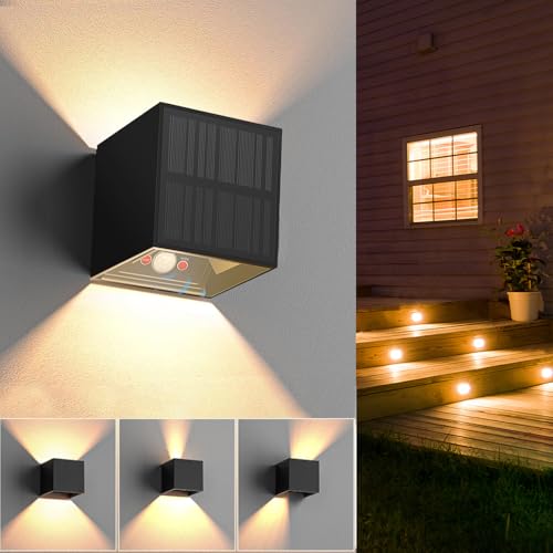 HaoDrisk Lámparas Solares para con Sensor de Movimiento, Aplique Solar para Exterior 3000K 3 Modos Aplique Solar de Pared Exterior IP65 Impermeable para Pared, Patio,Jardín,Escalones,Escaleras,Vallas
