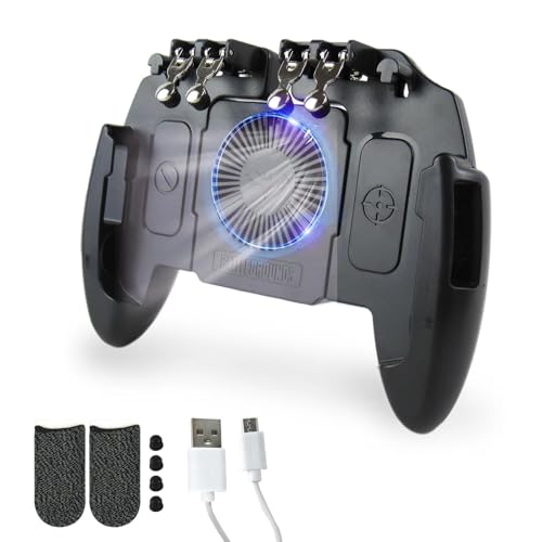 USonline911 2025 New Mobile Game Controller with Cooling Fan/Phone Holder/Finger Sleeves Fits for PUBG/Fortnite/Call of Duty Tomoda L1R1 Mobile Triggers for 4.7”-6.5” iOS Android Phones