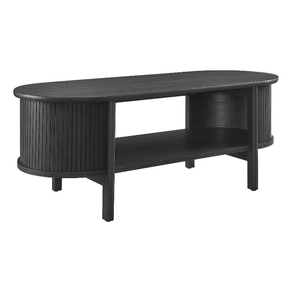 Modway Cadence Oval Coffee Table in black, shown in a living room setting with decorative items.