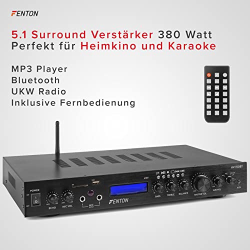 Fenton AV-150BT - HiFi Verstärker 380 Watt, 5.1 AV Receiver mit Bluetooth, FM-Radio, MP3, SD- und...