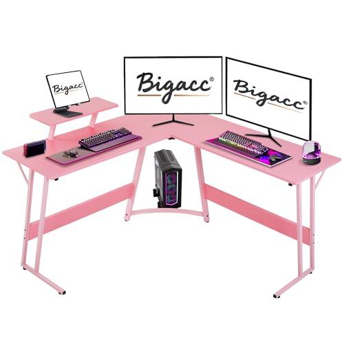 Image of L Shaped Gaming Desk, 50 inch Corner Desk, Spacious Dual Tops, P2 Particleboard, Metal Z-Legs, Adjustable Non-Slip Pads, Scratch /Waterproof, Multi-Use Home Office /Game Room /Dorm