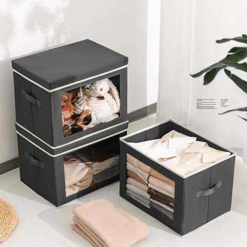 Image of Homsorout Stackable Storage Bins with Lids - Large Storage Box with Lids, Foldable Closet Boxes for Organizing, Wardrobe Clothes Organizer with Window, Cubes Bins for Living Room, 4 Pack, Dark Grey
