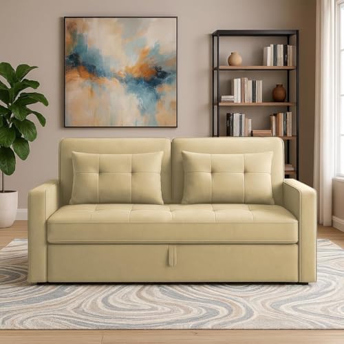 Image of Emilio 2-Seater Sofa Cum Bed for Living Room, Office & Home | Premium Fabric Pull-Out Sofa Set with 1 Year Warranty | Space Saving Convertible Sleeper Sofa | Cream Colour