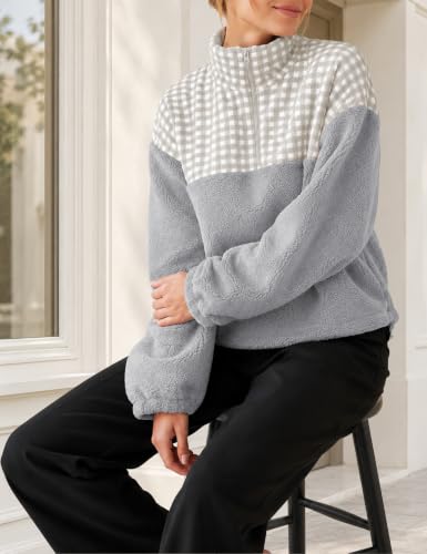 Grijaaz Women Quarter Zip Fleece Pullover Fuzzy Sherpa Jacket(Grey-XL) - image 7