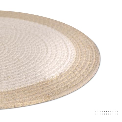 Image of Dining Table Mats Set of 2 | Cotton Table Mat 32 cm Diameter, Encasa XO Washable Round Table Mats, Heat Resistance Dining Table Placemats, Handmade Ribbed Style for Centre Table, Off White & Beige