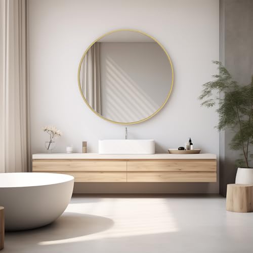 Image of DUMOS Gold Circle Mirror for Wall 30.02 inch, Bathroom Round Wall Mirror for Over Sink, Bathroom, Entryway, Bedroom, Vanity, Shatterproof& Crystal-Clear