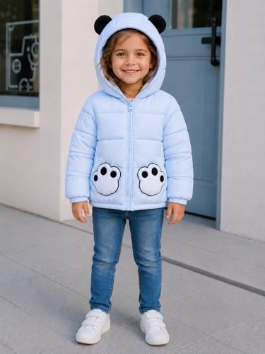 Image of Bold N Elegant Cartoon Bear Kids Shiny Sparkling Quilted Winter Warm Standard Length Wool Blend Hood Jacket Coat Bomber Puffer Jacket for Boys Girls Kids
