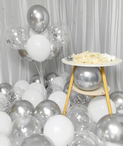 Image of 300 Pack White and Silver Balloons 12 Inch Silver Confetti Balloon for Various Party Events Decorations