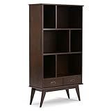 SIMPLIHOME Draper SOLID HARDWOOD 64 inch x 35 inch Mid Century Modern Wide Bookcase and Storage Unit in Medium Auburn Brown with 2 Drawers and 3 Shelves, for the Living Room, Study and Office