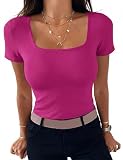 Aottori Camiseta Básica Mujer Verano Manga Corta Top Cuello Cuadrado T-Shirt Elegante de Punto Elástico Sólido Ligero Casual Túnica Camisetas Rosa Baya XS