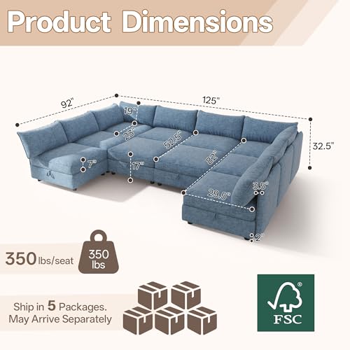 Image of 125 inch Chenille Modular Sectional Sofa Bed Hidden Storage, Convertible L U Shaped Sleeper Couch, 10 Seat Modern Modular Sectional Sofa with Removable Covers & Ottoman Chaise, for Living Room, Blue