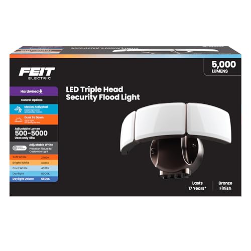 Feit Electric 10.5in Triple-Head Security Flood Light, 5000 Lumens, Adjustable White 2700K–6500K, Microwave Motion Sensor, Dusk-to-Dawn Photocell, Lumen Select, S10.5TFL/5CCT/MM/BZ