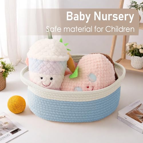Image of JMvicyroam Small Woven Basket, Empty Gift Basket, White&Blue /1 Pack | Small Gift Basket, Cotton Rope, 12 x 8 x 63 in, Handles, Includes Ribbon and Bag, Birthday Gift Basket