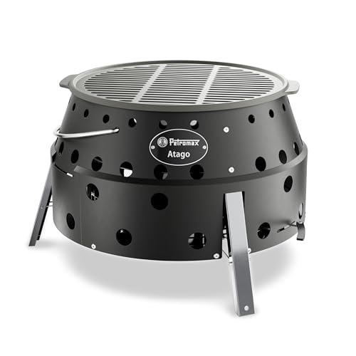 Petromax Atago Black Edition 4-in-1 Mobiler Grill Feuerschale Ofen & Herd | In 2 Sek. einsatzbereit | Inkl. emailliertem Gussgrillrost | Klappbar & Ultramobil | Mattschwarz