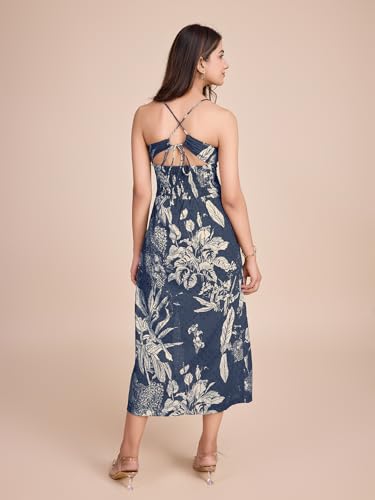 Image of Women Pure Cotton Printed A-Line Dress | Floral Summer Midi Dress | Casual Office Wear Lightweight Dress for Women (D207)