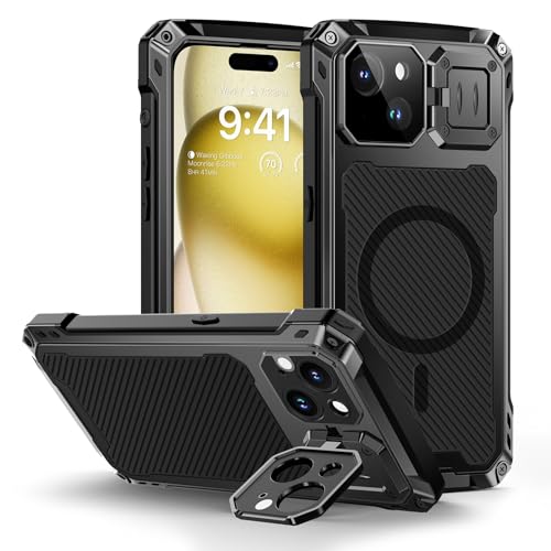 Lanhiem for iPhone 15 Plus Metal Case, [Built-in Camera Kickstand & Glass Screen Protector] Heavy Duty Full Body Military Rugged Shockproof Magnetic Aluminum Alloy Cover for 15 Plus 6.7" (Black)