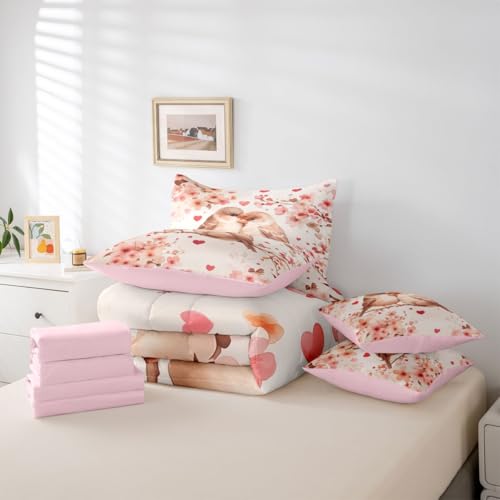 Image of Erosebridal Chickadee 7 Piece Comforter Set Full Bed in A Bag Pink Valentine Bedding Set for Girls Kids Love Heart Pattern Sheet Set with Comforter Heart Floral Spring Duvet Insert