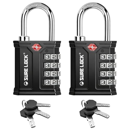 SURE LOCK TSA Accepted 4 Dig Heavy Duty Big Combination Luggage Padlock All Metal Travel Lock for Equipment Hard Case Luggage Gun Case Gym Locker Pelican Vault Lock (2, BLK-Dual-Opening: Combo or Key)