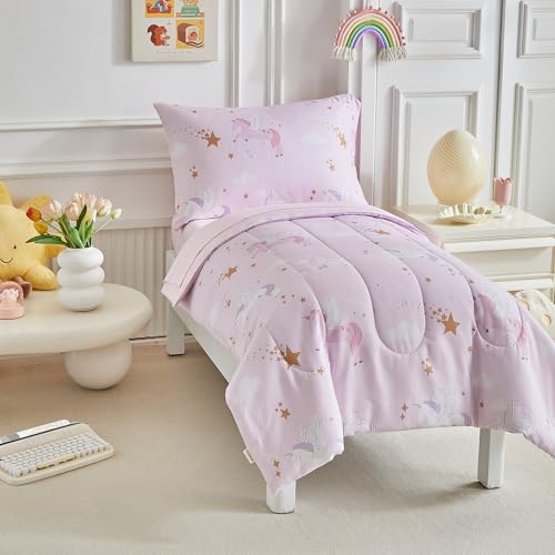 Image of Unicorn Toddler Bedding Set for Girls Pink Unicorn Stars 4PC Toddler Bed Set - Soft Castle and Sky Cute Princess Toddler Bed in a Bag with Pink Sheet Set and Pillow Shams