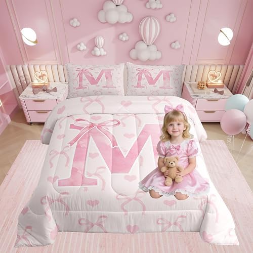 Erosebridal Initial Letter A-Z Comforter Set Twin Size for Women Teen Girls Pink M Alphabet Bedding Set Romantic Bow Comforter Soft Cute Love Hearts Room Decor Aesthetic Girly Fairy Duvet Quilt
