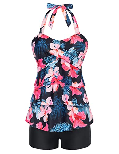 Trajes de baño Tankini de 2 Piezas para Mujer Top con Estampado de Volantes y bañadores Traje de baño Rosa S