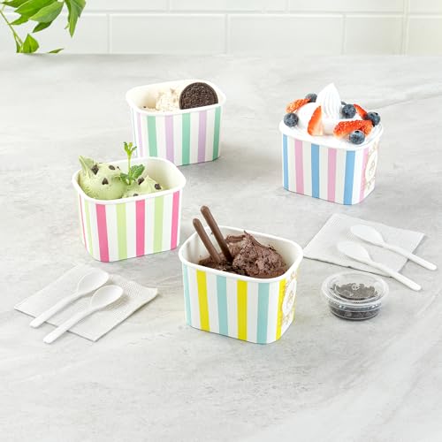 Image of Restaurantware Paper Cups 200 Count 12 Ounce Square Disposable Ice Cream Containers, Leak-Resistant Paper Dessert To Go Cups, Hot And Cold Food, Durable Assorted Stripes Design, Lids Sold Separately