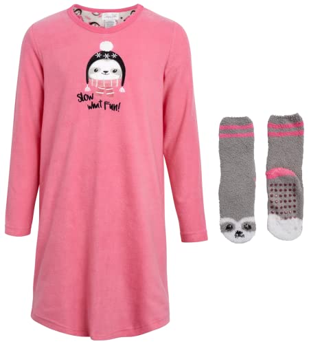 Rene Rofe Girls Long Sleeve Cozy Fleece Nightgown Pajama Sleepshirt (Light Pink Sloth, Large/(10-12)) #TOP22