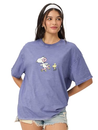 Image of The Souled Store Peanuts: Snoopy Women and Girls Short Sleeves Round Neck Blue Graphic Printed Cotton Oversized T-Shirts