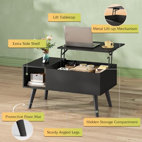 Image of WLIVE Coffee Table for Living Room, Small Coffee Table with Storage, Lift Top Modern Wooden Dining Center Table with Storage Shelf & Hidden Compartment, 31.5 inch Black