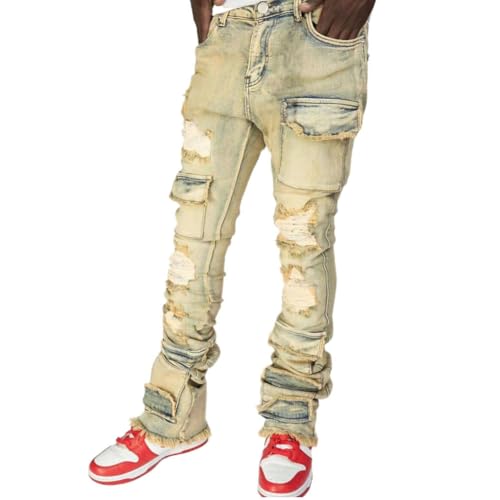 Mens Skinny Jeans Straight Leg Ripped Distressed Grunge Punk Rock Frayed Stacked Jeans - Main Image