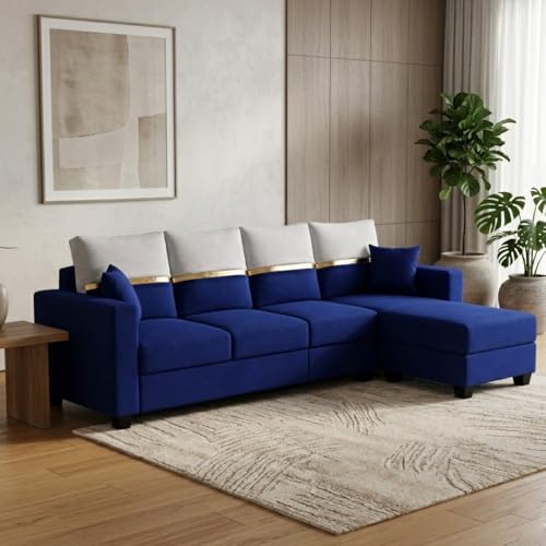 Image of Furny Arvea 5 Seater Fabric RHS L Shape Sofa Set (Blue) | Soft Velvet Fabric | Modern Design | Comfortable Seating | Living Room Furniture