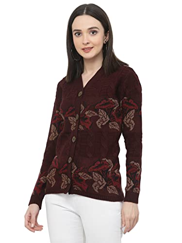Image of Kalt Women Sweater for Winter Woolen Acrylic Full Sleeves V Neck Floral Design Cardigan Sweater for Women