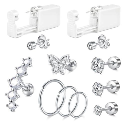 JIESIBAO Professional Silver Cartilage Ear Piercing Gun Kit with 16G CZ Earring Studs 3mm 4mm 5mm,Cartilage Earrings with Butterfly Studs and Versatile Hoop Earrings 8mm 10mm 12mm