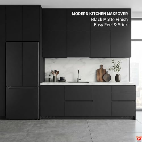 Image of WISDOM Black Matte Self Adhesive Wallpaper for Furniture, Kitchen Cabinets, Wardrobe, Table & Wall Peel and Stick Waterproof Vinyl Contact Paper Smooth Plain Black Finish (20x120 in)