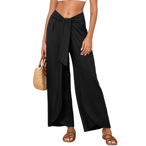 Womens Beach Pants Split Wide Leg Beach Pants High Waisted Tie Cropped Pant Summer Flowy Casual Palazzo for Women