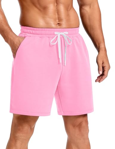 PINSPARK Mens Casual Sweat Shorts 7 Lightweight Cotton Blend Athletic Running Lounge Shorts with Drawstring Workout Gym Pink