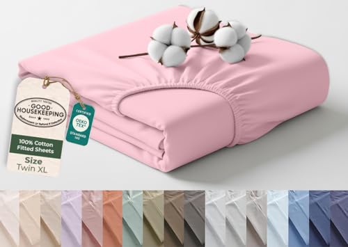 Image of Royale Linens 100% Organic Cotton Twin XL Fitted Sheet Only - Percale Weave - Super Soft Deep Pocket Bottom Sheets - Pink Elastic Sheet - Twin XL Fitted Sheets Only - (39 inchx80 inch+15 inch, Pink)