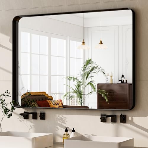 GLSLAND 30"x48" Wall Mirror for Bathroom Black Aluminum Alloy Frame Rectangular Wall Mounted Mirror for Farmhouse Decor Horizontal or Vertical Ideal for Bedroom, Living Room