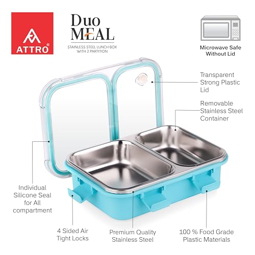 Image of ATTRO Duo Meal Stainless Steel Lunch Box with 2 Partition, Microwave Safe, Airtight Leakproof Silicone Seal Lid, BPA-Free Food Grade Tiffin Box for Office School Kids - 650ml - Blue