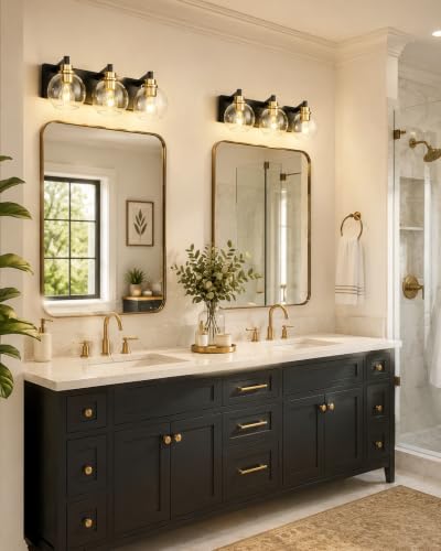 Image of 3-Light Bathroom Vanity Light, Black and Gold, VL195-KG-3 | 18 Inch, Metal Frame, Modern Wall Sconces with Globe Clear Glass Shade, Bathroom Light Fixtures Over Mirror, E26 Base
