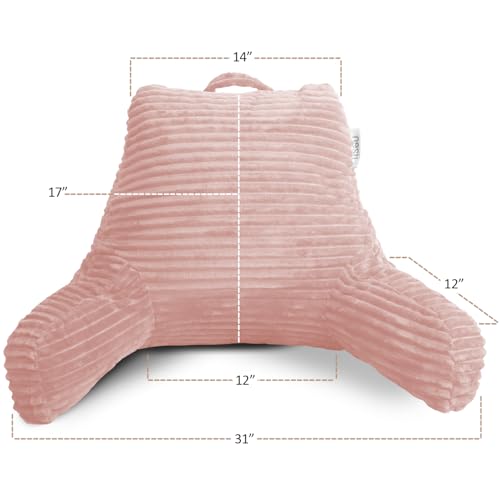 Image of Nestl Peach Beige Reading Pillow with Bed Desk for Laptop and Writing, Luxe Cut Plush Back Pillow for Sitting Up, Back and Arms Adjustable Support for Adult and Teens, Foldable Lap Desk for Bed 22x14 inch
