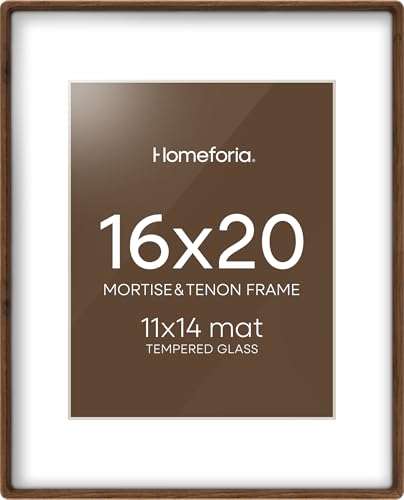 Homeforia 16 by 20 Picture Frame Brown Wood Mortise & Tenon Walnut 16x20 Poster Frames with Mat 11x14 for Wall 20x16 Dark Wooden Frames Matted to 11 x 14 inch Art Tempered Glass Wall Kit Set of 1