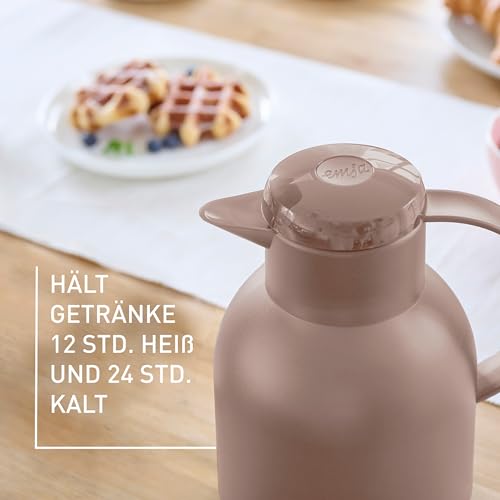 Emsa Samba Isolierkanne, 1 Liter Fassungsvermögen, Quick Press Verschluss, 100% dicht, 12h heiß und 24h kalt, mit Glaskolben, made in Germany, Transluzent/Taupe, 509820 3