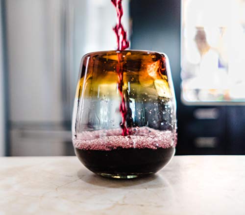 Fiesta Brands Stemless Wine Glass Set - Elegant Hand-Blown Stemless Wine Glasses 2-Pack for Red and White Wine - Vintage No Stem Wine Cups with Beautiful Amber Rim - Great Gift for Wine Lovers