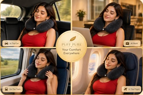 Image of Ultra Soft Premium Travel Neck Pillow with Hanging Loop Snap Button Closure for Home Office and Airplane Flight, Bus, Car, Train Travelling Use [Black] (Pack of 1)