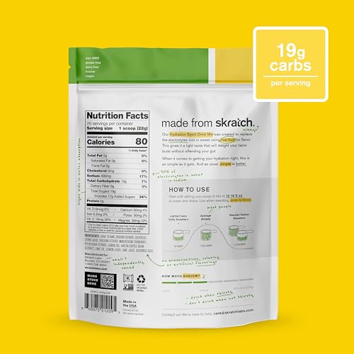 Image of Skratch Labs Hydration Sports Drink Mix with Caffeine - Real‑Fruit Electrolyte Powder for Fast Hydration & Energy | Lemon Lime | 20 Servings | Non‑GMO, Clean Ingredients