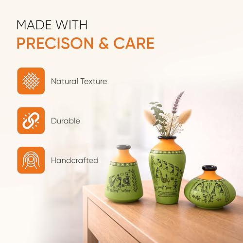 Image of Aakriti Art Creations Terracotta Vases Set of 3 | Handmade Green Warli Art Flower Vases | Matte Finish Decorative Vases for Living Room, Table Decor & Gifting | Tribal Home Decor for Artificial Plants