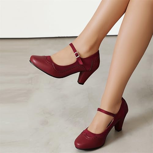 Elerhythm Women's Mary Jane Classic and Retro 1920s Pump Heels Gatsby Oxford Pattern 1950s Pinup Vintage Round Closed Toe 1940s Ankle Strap Dress Shoes3