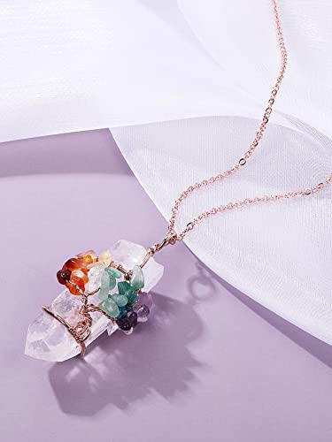 PESOENTH 7 Chakra Life Tree Clear Quartz Crystal Necklace Women Wire Wrapped Natural Gemstone Healing Point Reiki Stones Pendant Necklace Spiritual Jewelry Gifts3