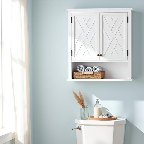 Alaterre Furniture Coventry Wall Mounted Bathroom Cabinet with Shaker-Style Doors, Adjustable Shelf & Open Storage – 27" x 29" Space-Saving Organizer for Small Bathrooms